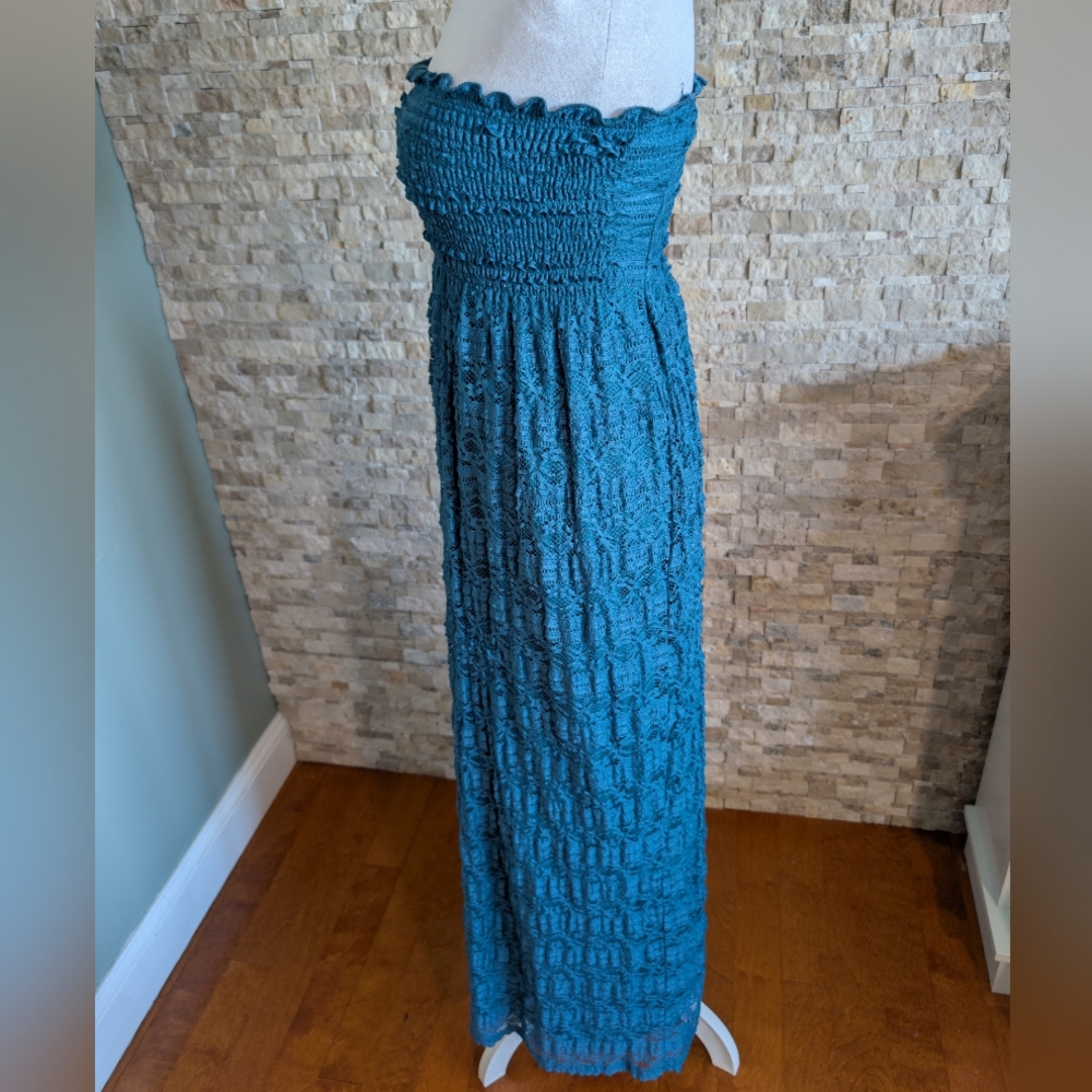 Teal Smocked Strapless Lace Boho Maxi Tube Dress Tiered Boho Hippie Blue Small - Picture 2 of 12